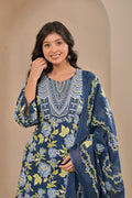 Blue FloralElegance Cotton Suit Set