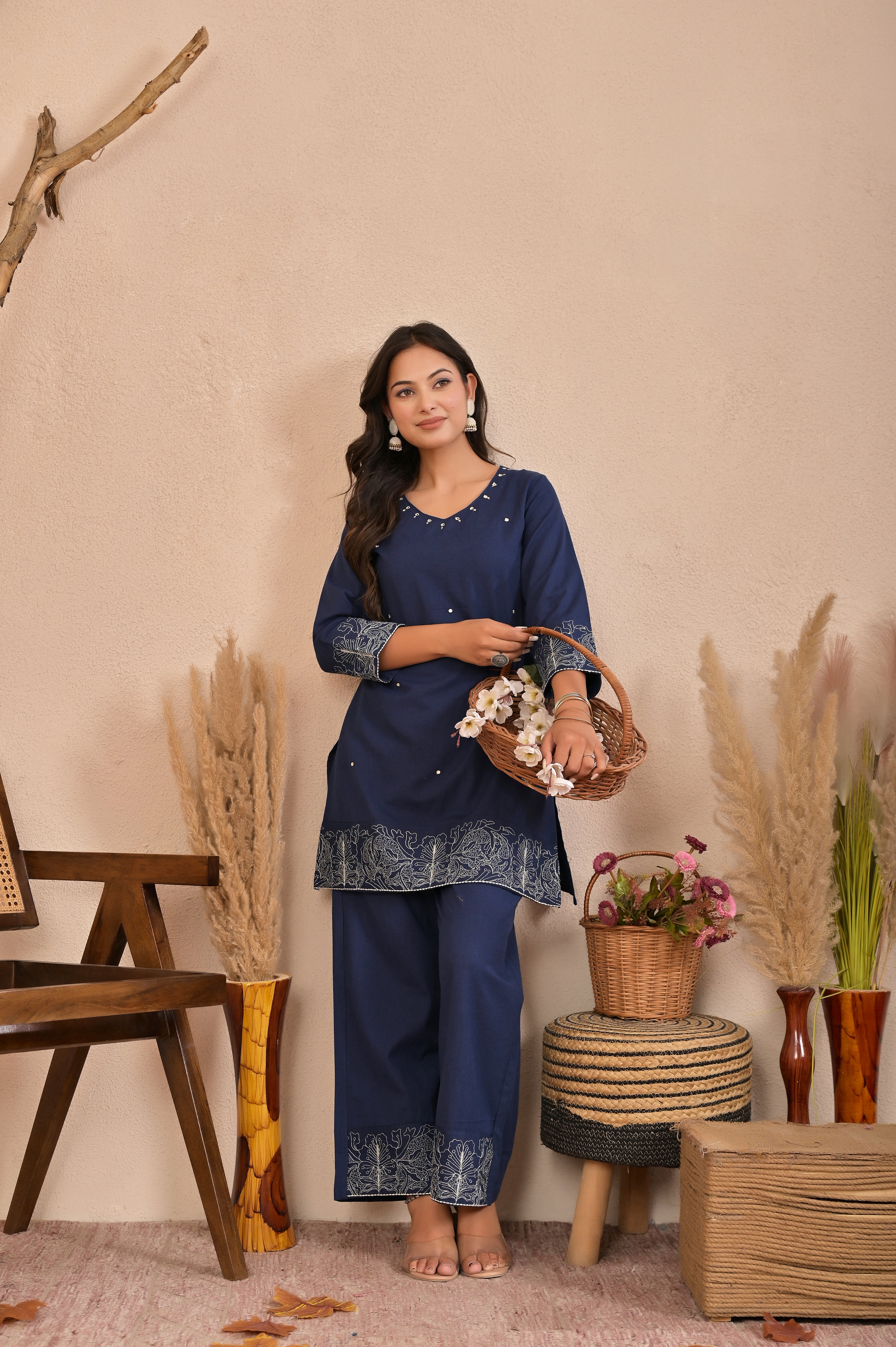 Navy Blue Printed Kurta Pant Co-Ord Set