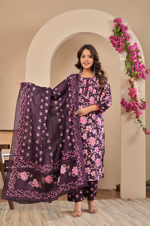 Blossom Purple Rose Floral Cotton Suit