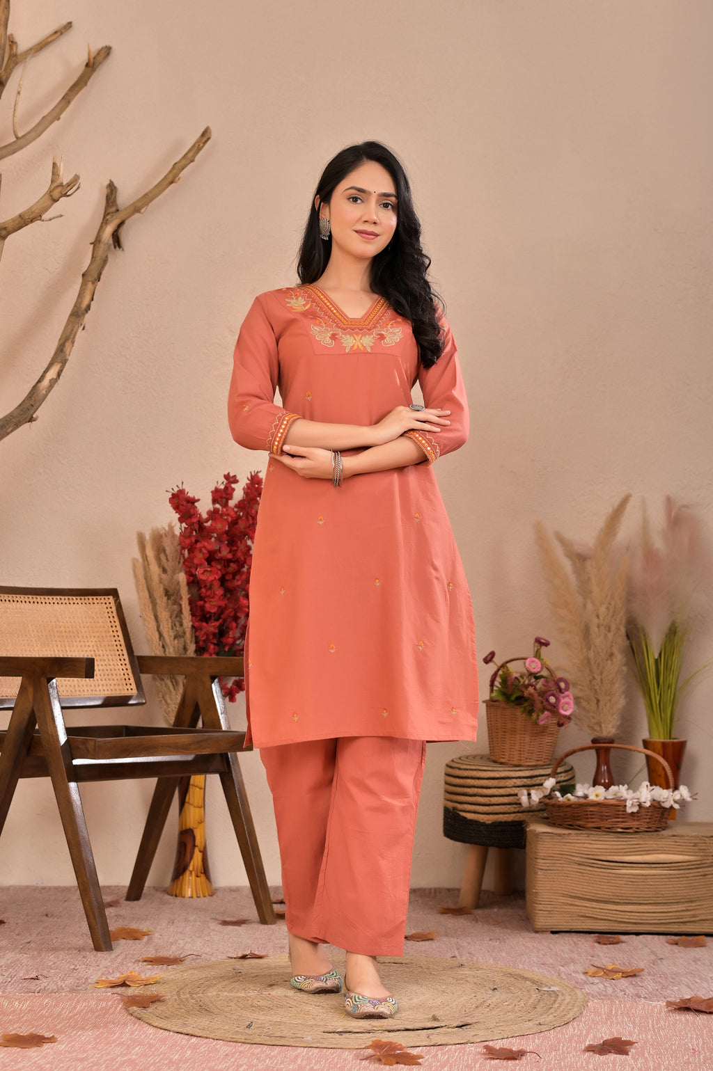 Peach Embroidered Straight Kurta Pant Set