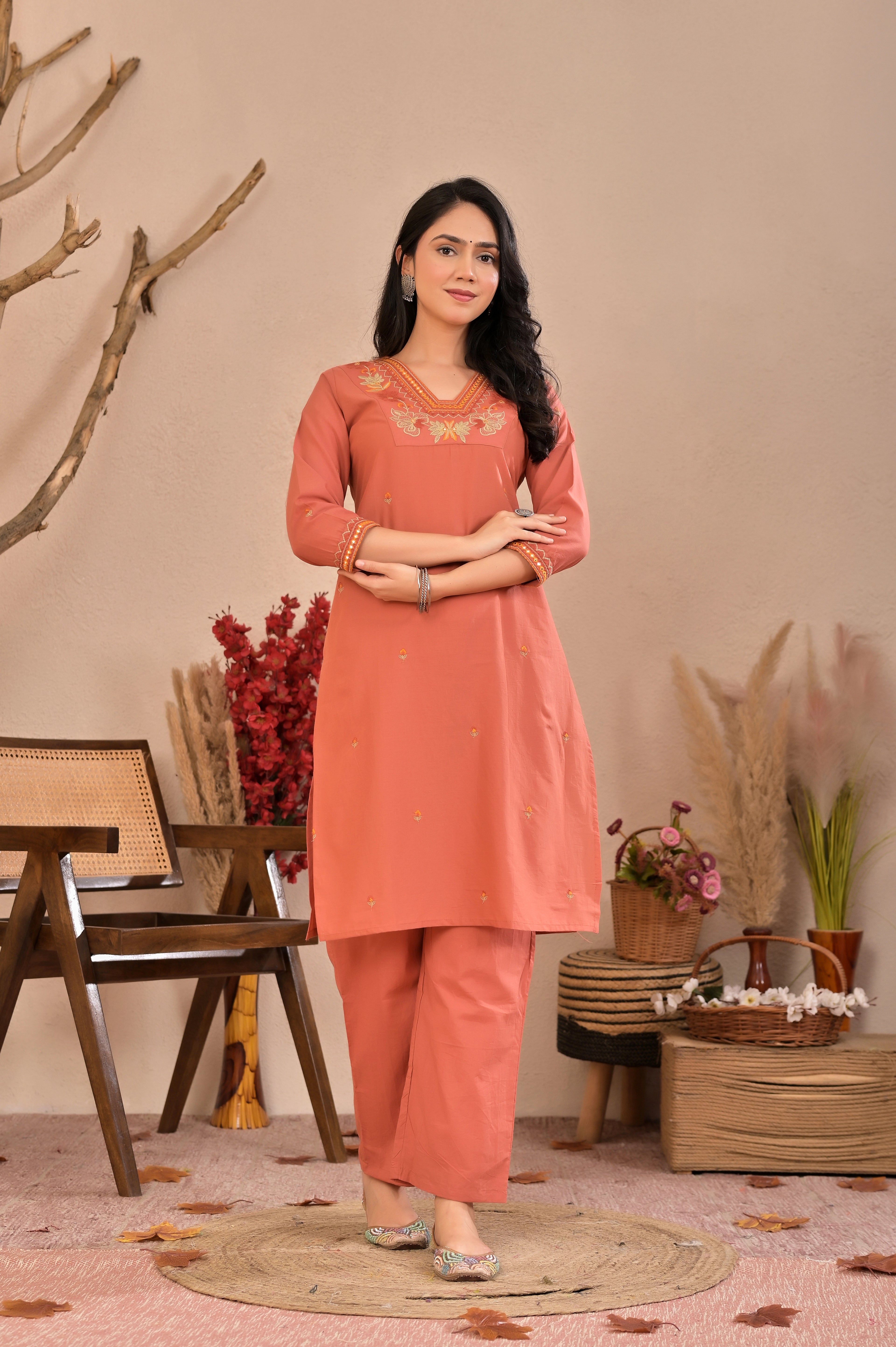 Peach Embroidered Straight Kurta Pant Set