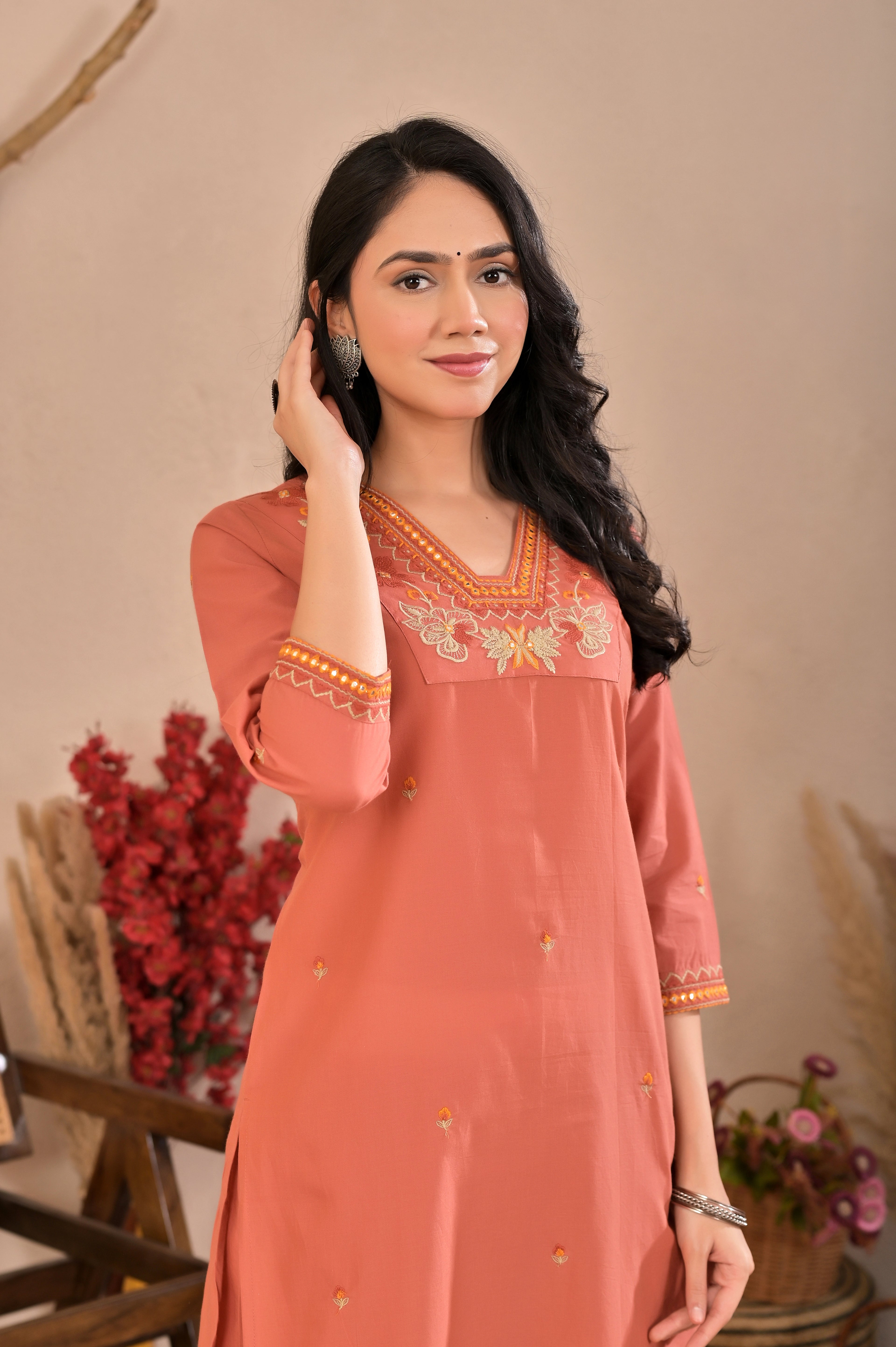 Peach Embroidered Straight Kurta Pant Set