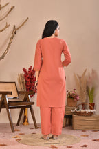 Peach Embroidered Straight Kurta Pant Set
