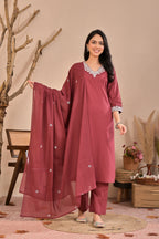 Rosewood Pink Embroidered Kurta Pant Set with Dupatta