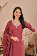 Rosewood Pink Embroidered Kurta Pant Set with Dupatta