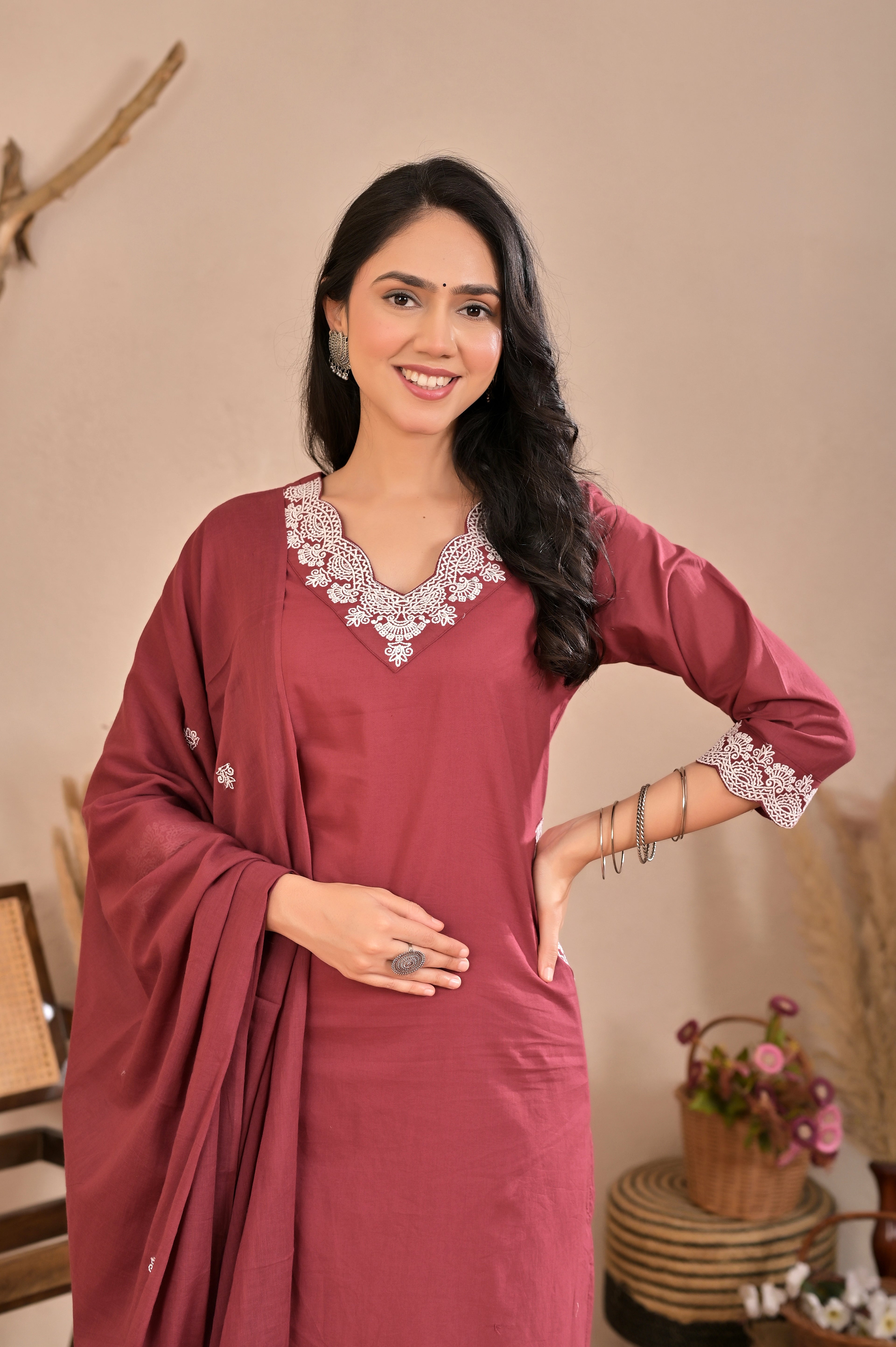 Rosewood Pink Embroidered Kurta Pant Set with Dupatta