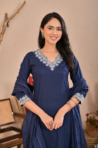 Navy Blue Embroidered Kurta Pant Set with Dupatta