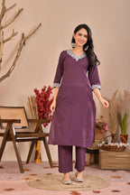 Purple Embroidered Kurta Pant Set