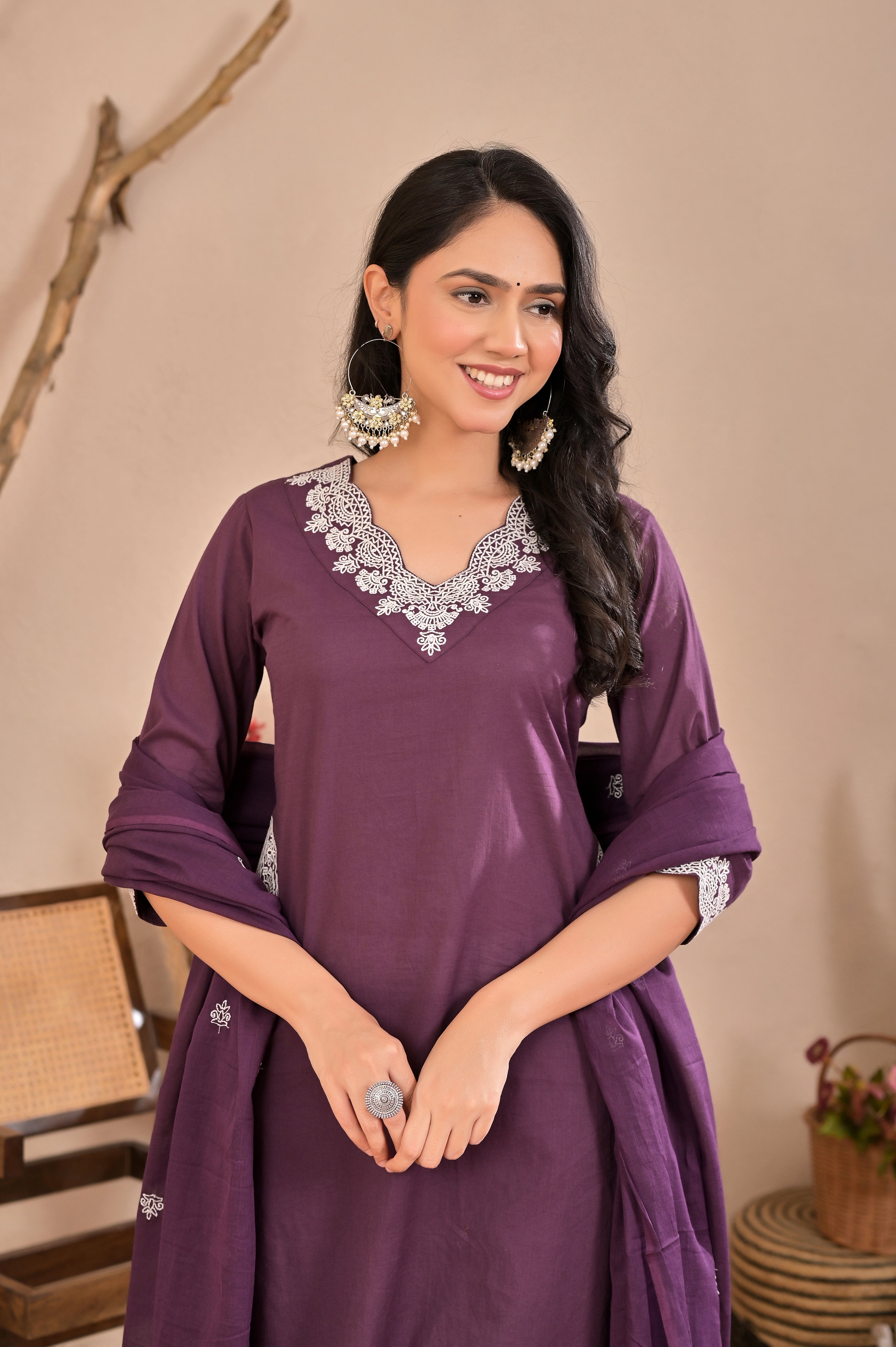Purple Embroidered Kurta Pant Set