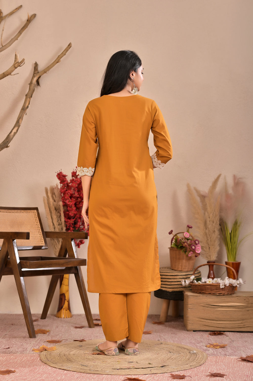 Embroidered Mustard Kurta Pant Set
