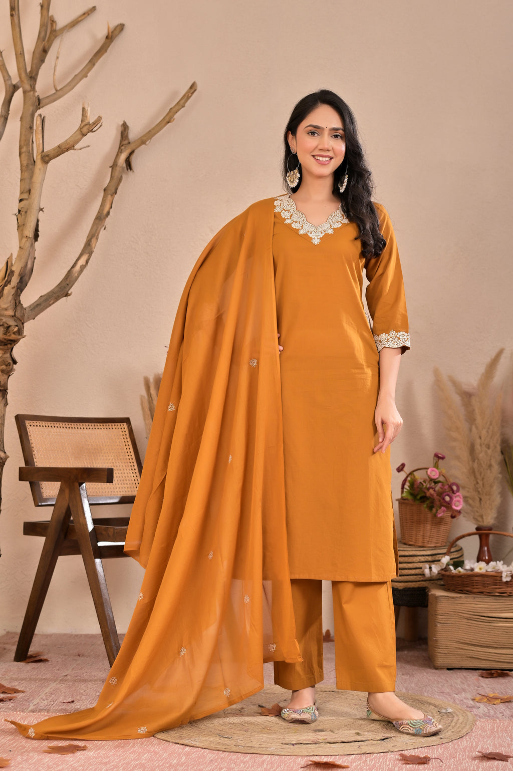 Embroidered Mustard Kurta Pant Set
