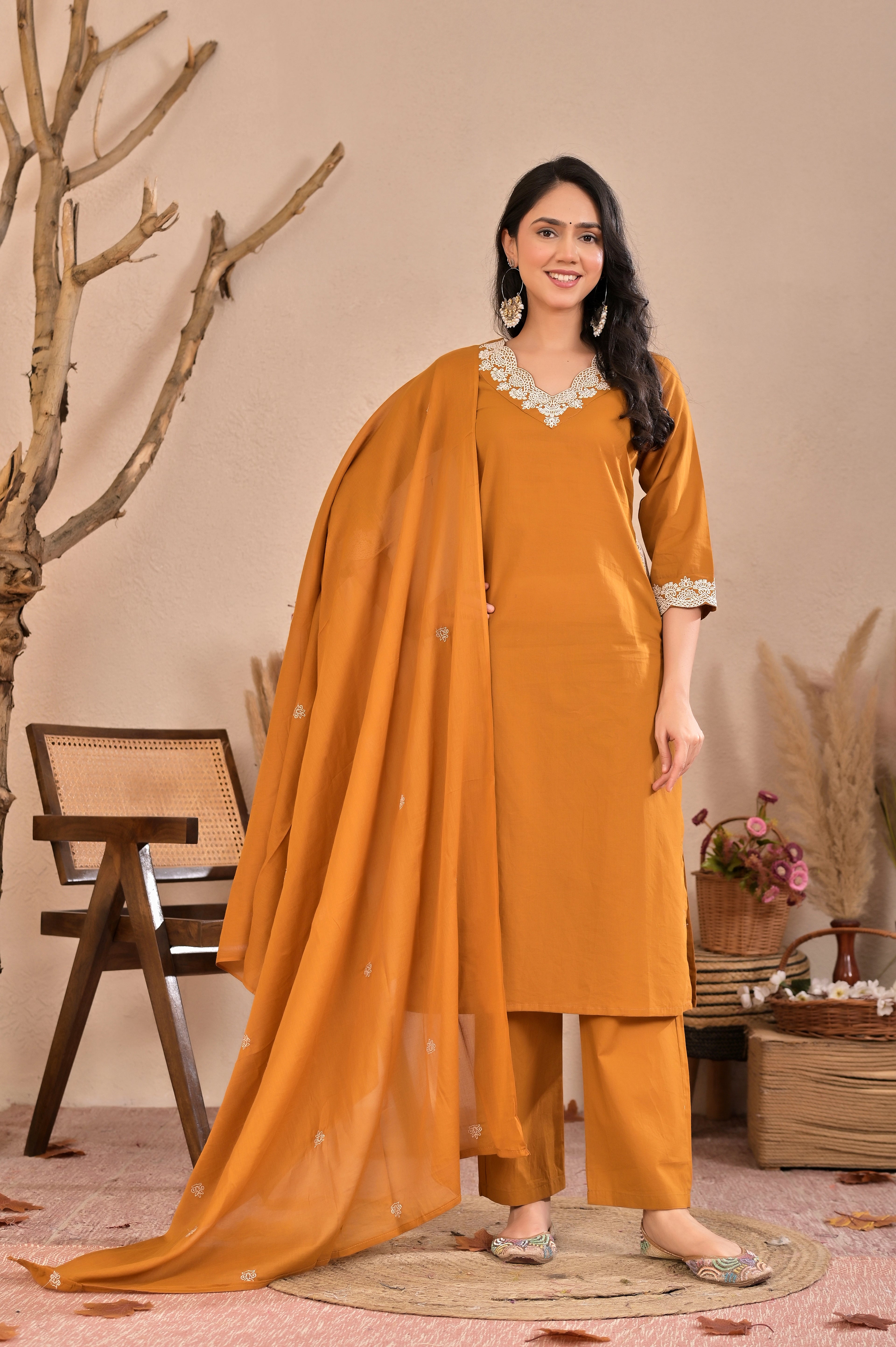 Embroidered Mustard Kurta Pant Set