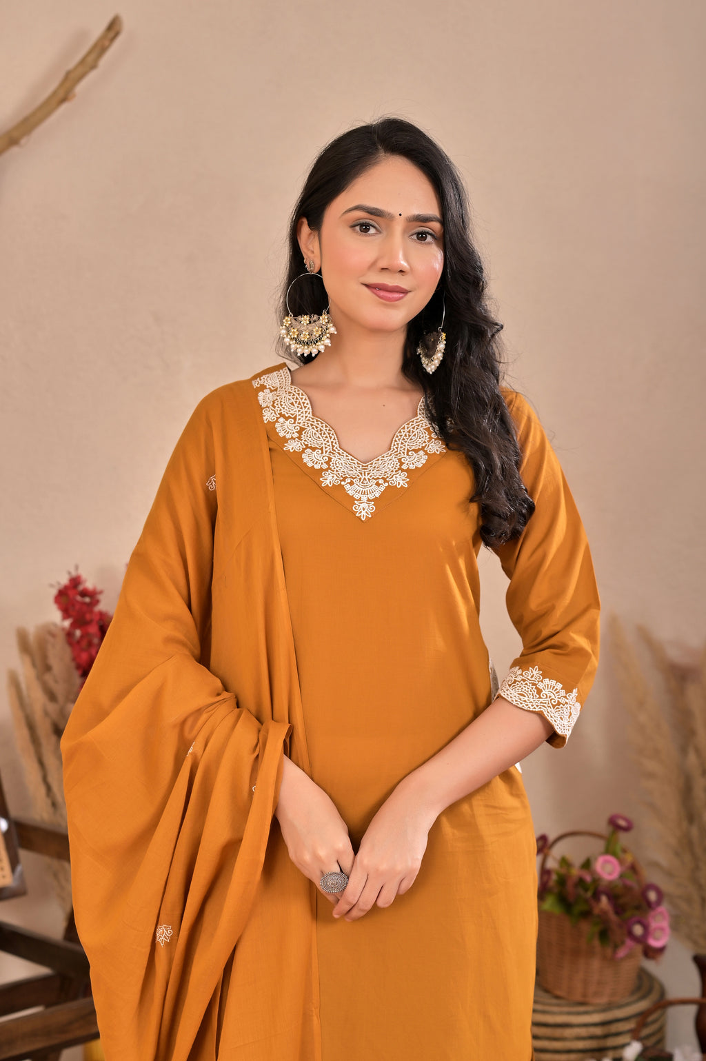Embroidered Mustard Kurta Pant Set