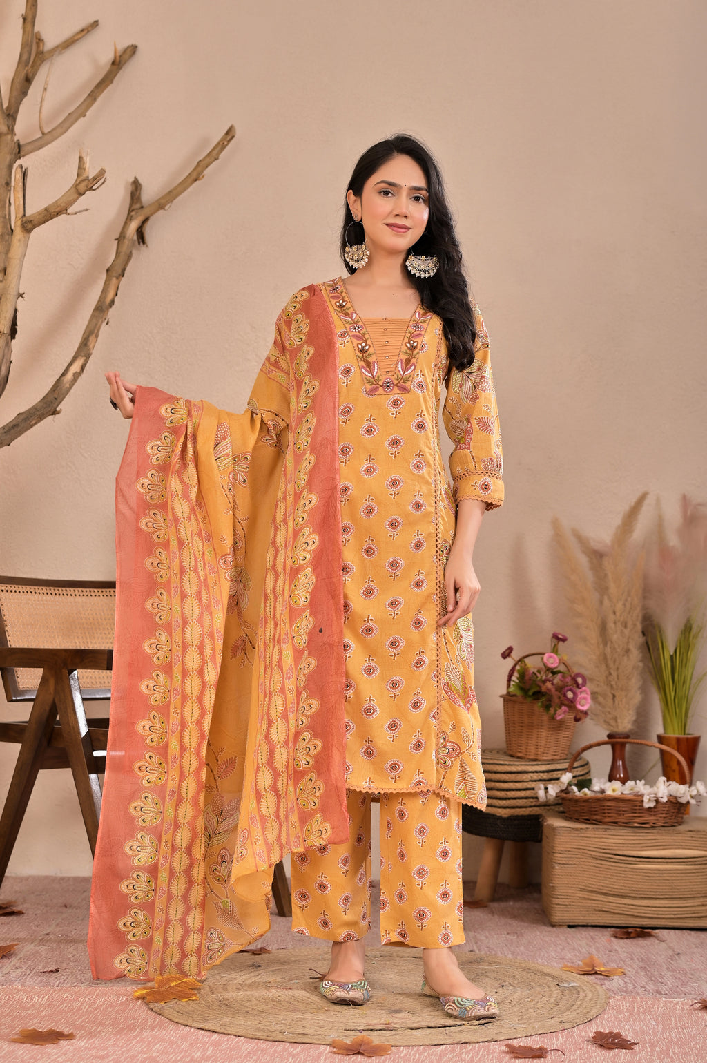 Mustard Yellow Printed Kurta Pant Set with Dupatta