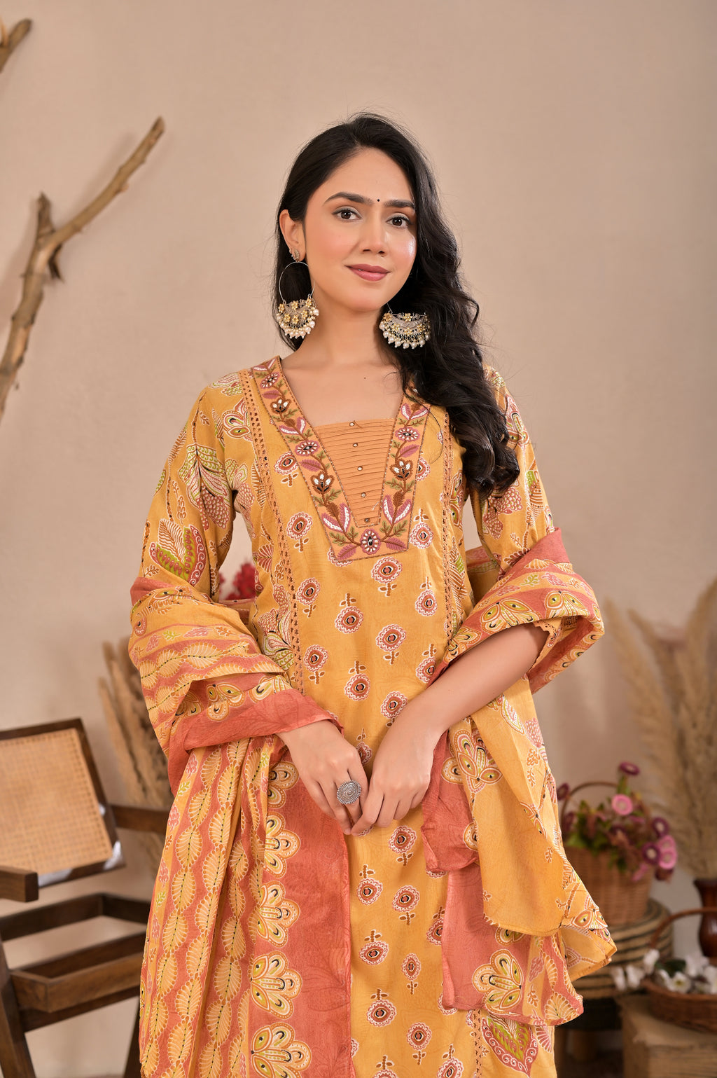 Mustard Yellow Printed Kurta Pant Set with Dupatta
