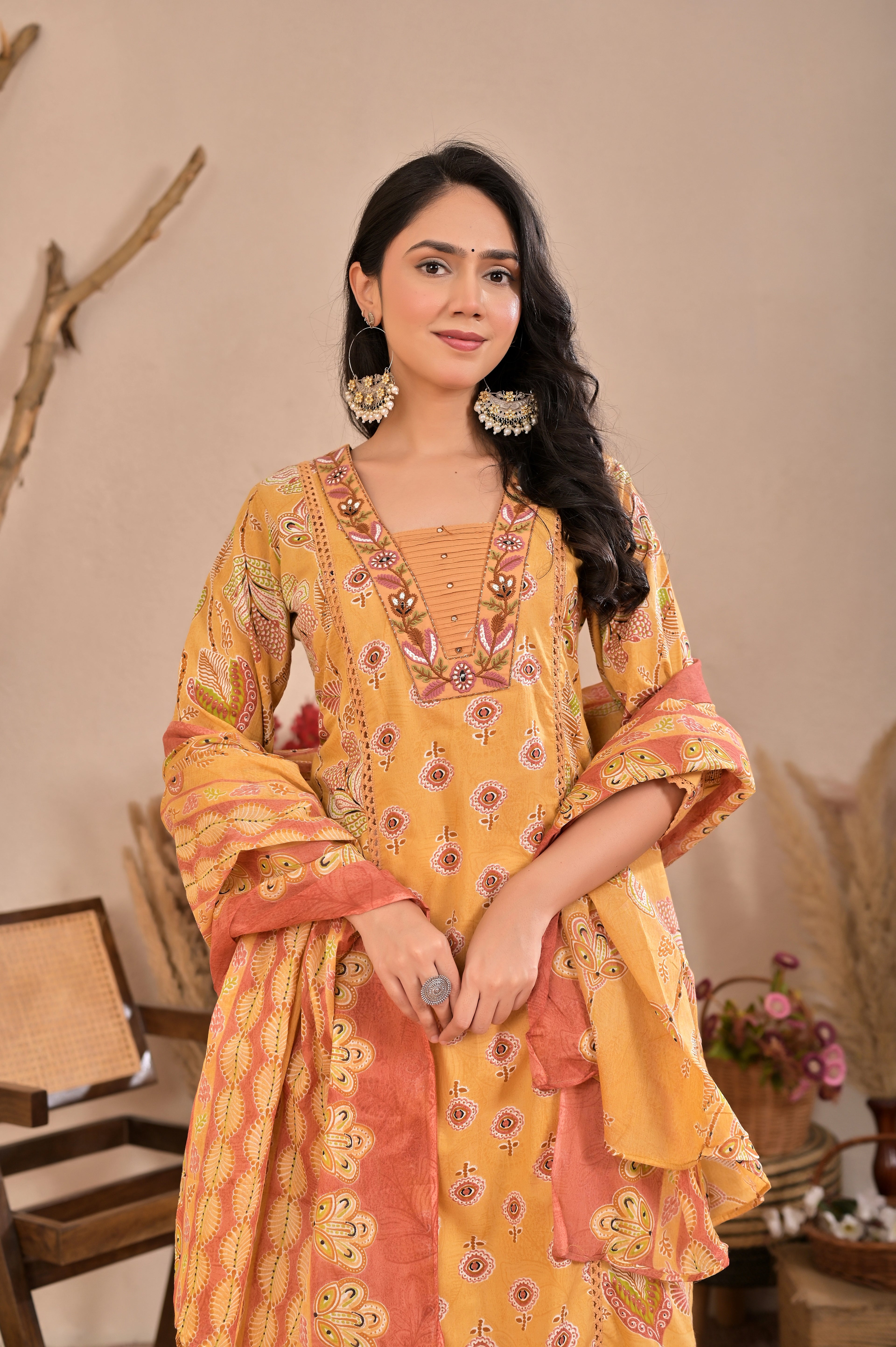 Mustard Yellow Printed Kurta Pant Set with Dupatta