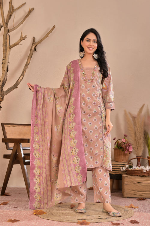Blush Pink Printed Kurta Pant Set with Dupatta