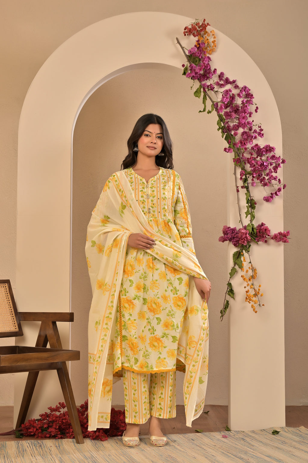 Yellow Blossom Floral Kurta Set with Dupatta