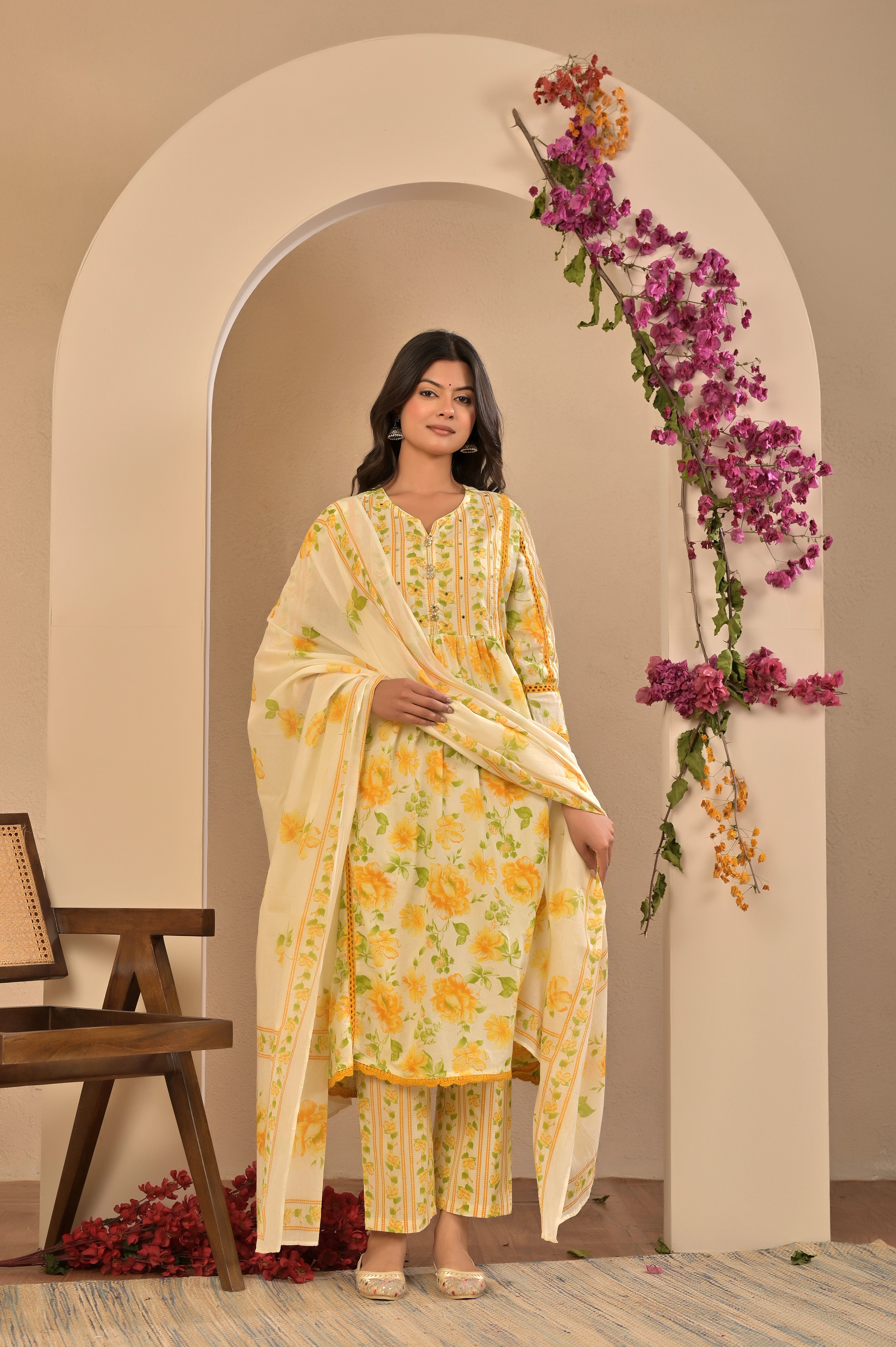 Yellow Blossom Floral Kurta Set with Dupatta
