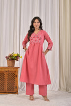 A-Line Embroidered Kurta Pant Set with Printed Dupatta