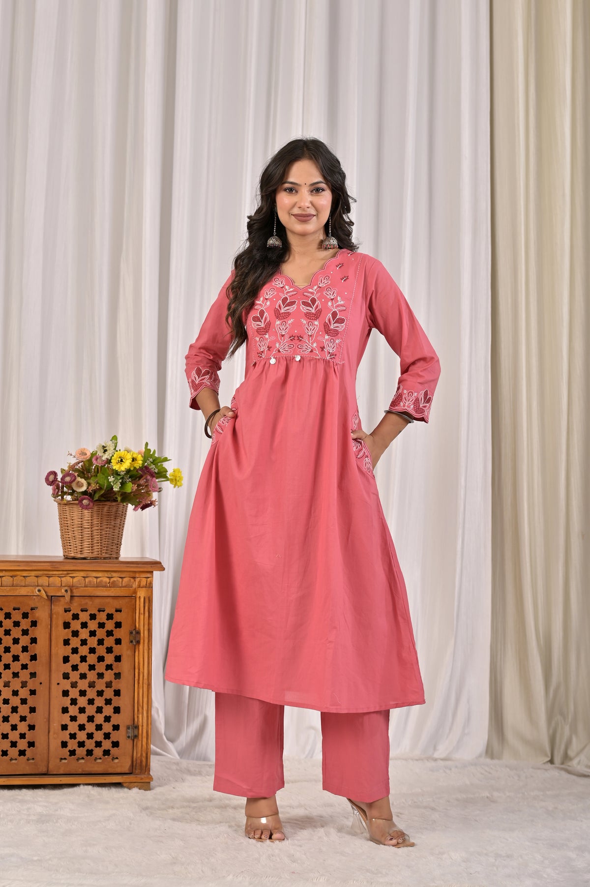 A-Line Embroidered Kurta Pant Set with Printed Dupatta