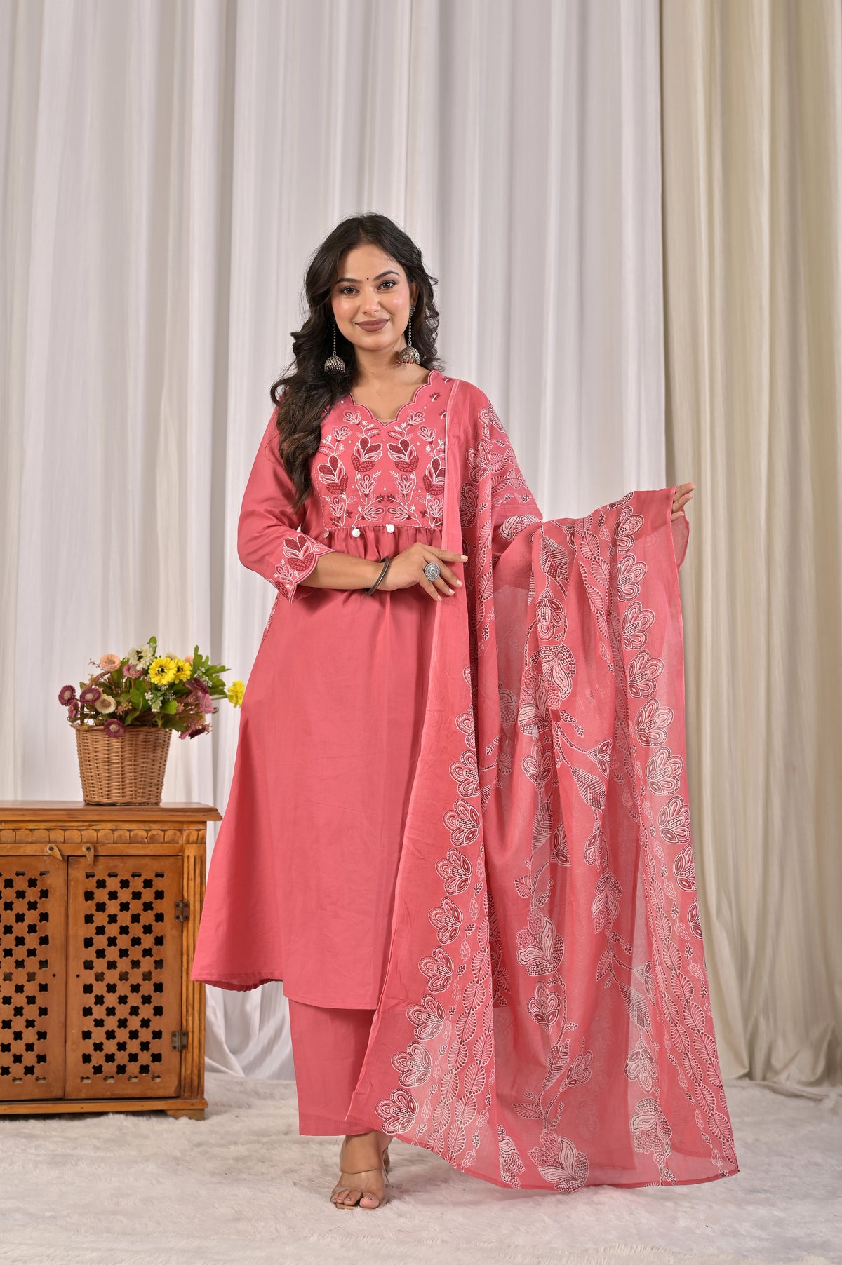 A-Line Embroidered Kurta Pant Set with Printed Dupatta