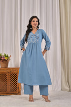 A-Line Embroidered Kurta Pant Set with Printed Dupatta