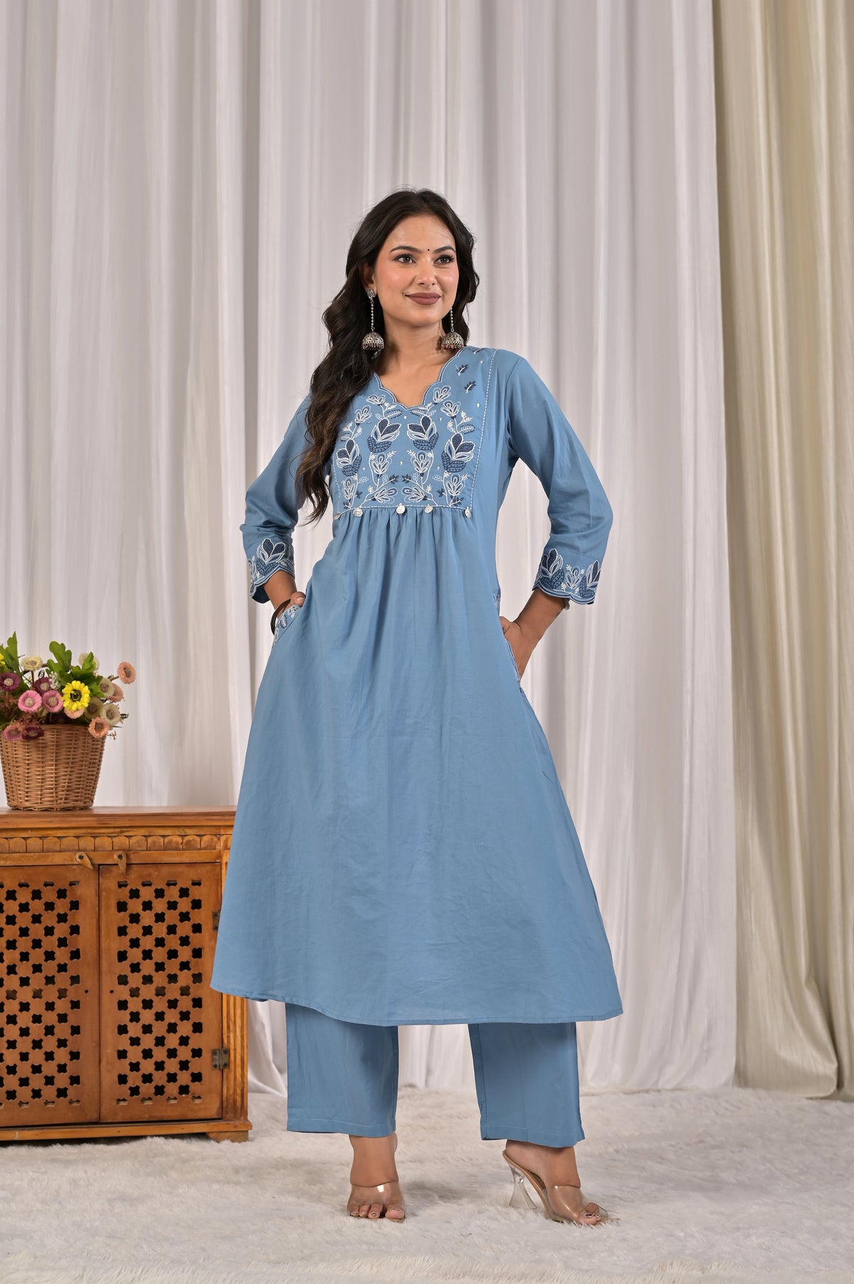 A-Line Embroidered Kurta Pant Set with Printed Dupatta