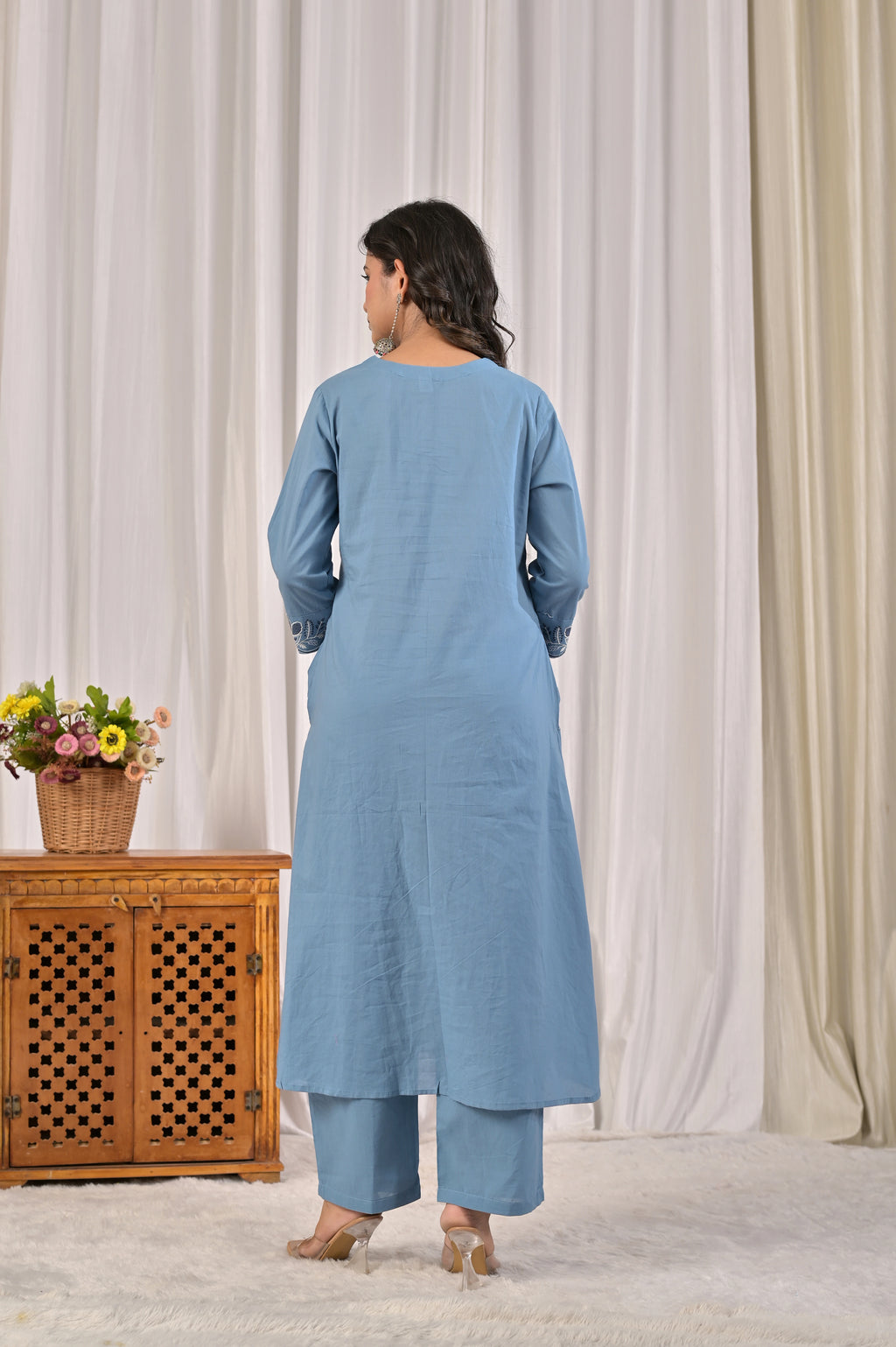 A-Line Embroidered Kurta Pant Set with Printed Dupatta