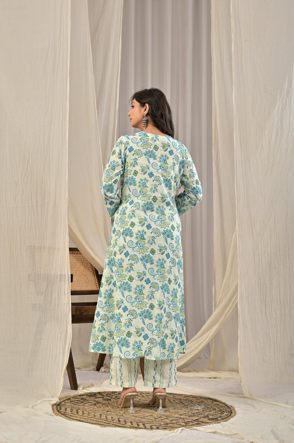 Printed A-Line Kurta Set with Embroidered Yoke & Tassel Detail