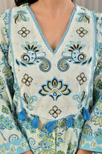 Printed A-Line Kurta Set with Embroidered Yoke & Tassel Detail
