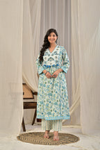 Printed A-Line Kurta Set with Embroidered Yoke & Tassel Detail