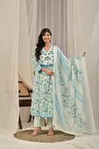 Printed A-Line Kurta Set with Embroidered Yoke & Tassel Detail
