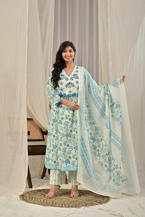 Printed A-Line Kurta Set with Embroidered Yoke & Tassel Detail
