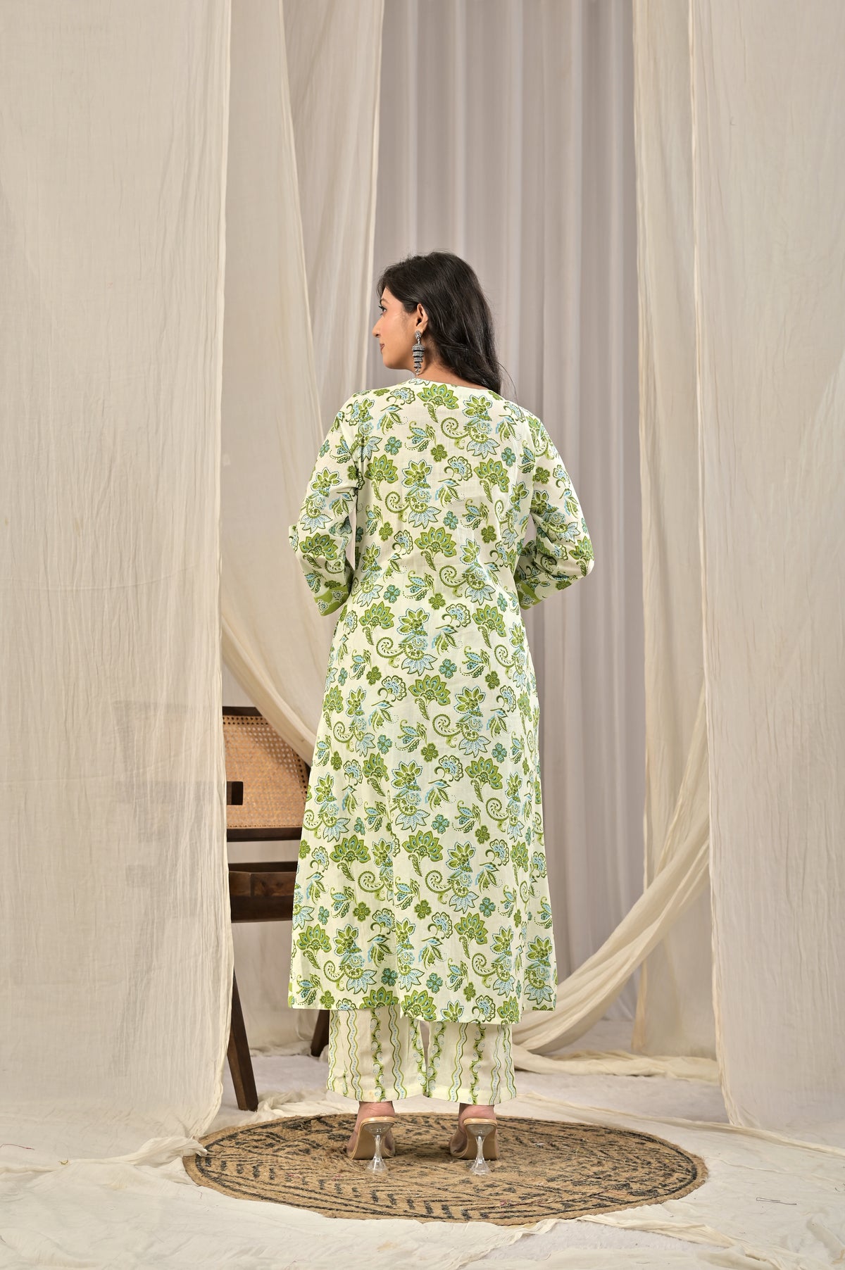 Printed A-Line Kurta Set with Embroidered Yoke & Tassel Detail