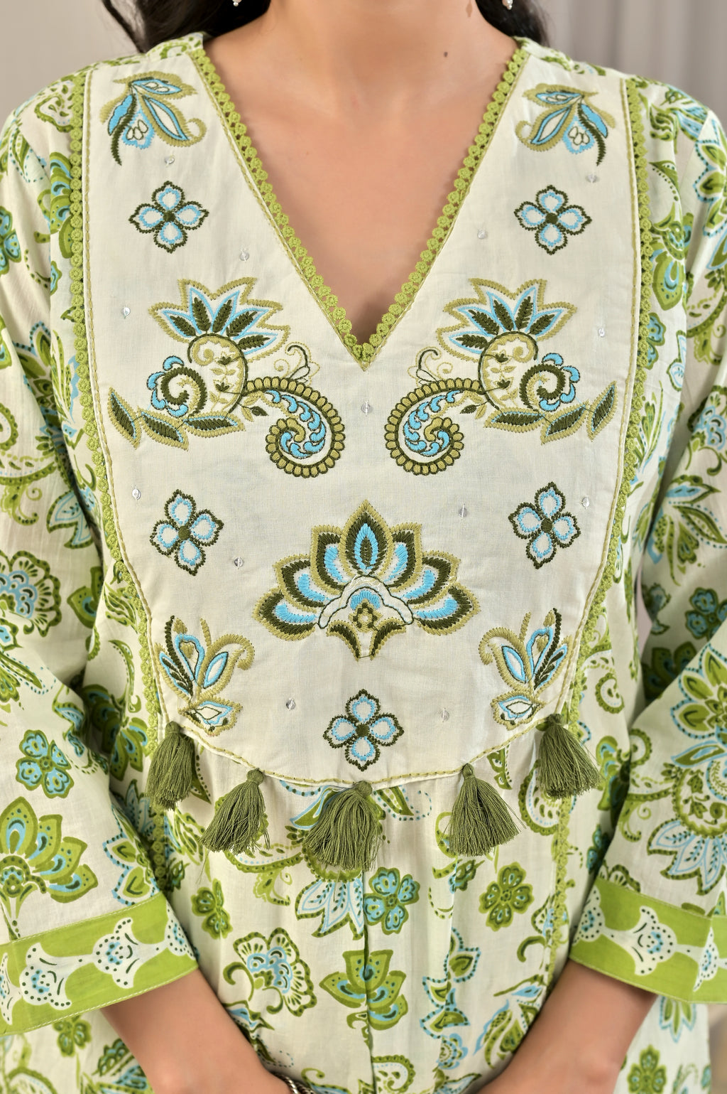 Printed A-Line Kurta Set with Embroidered Yoke & Tassel Detail