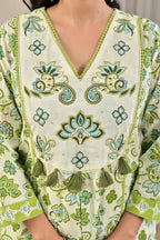 Printed A-Line Kurta Set with Embroidered Yoke & Tassel Detail