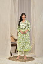 Printed A-Line Kurta Set with Embroidered Yoke & Tassel Detail