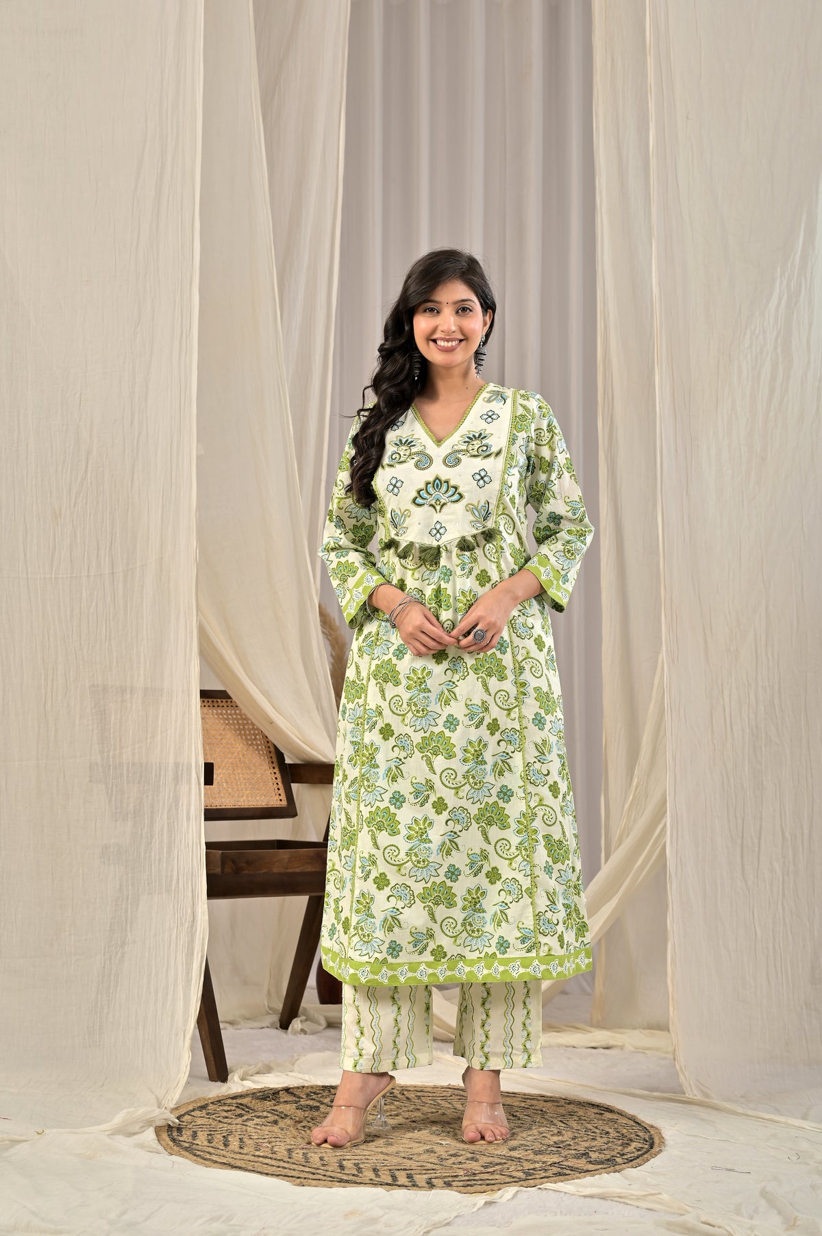 Printed A-Line Kurta Set with Embroidered Yoke & Tassel Detail
