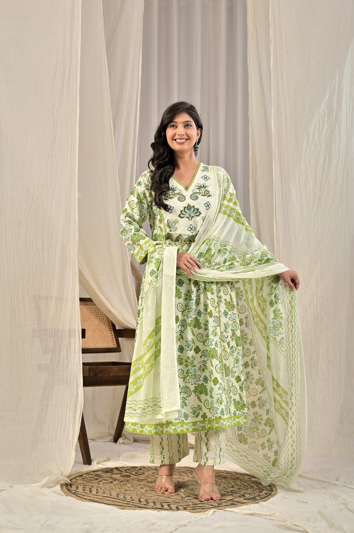 Printed A-Line Kurta Set with Embroidered Yoke & Tassel Detail