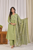 A-Line Embroidered Kurta Pant Set with Printed Dupatta