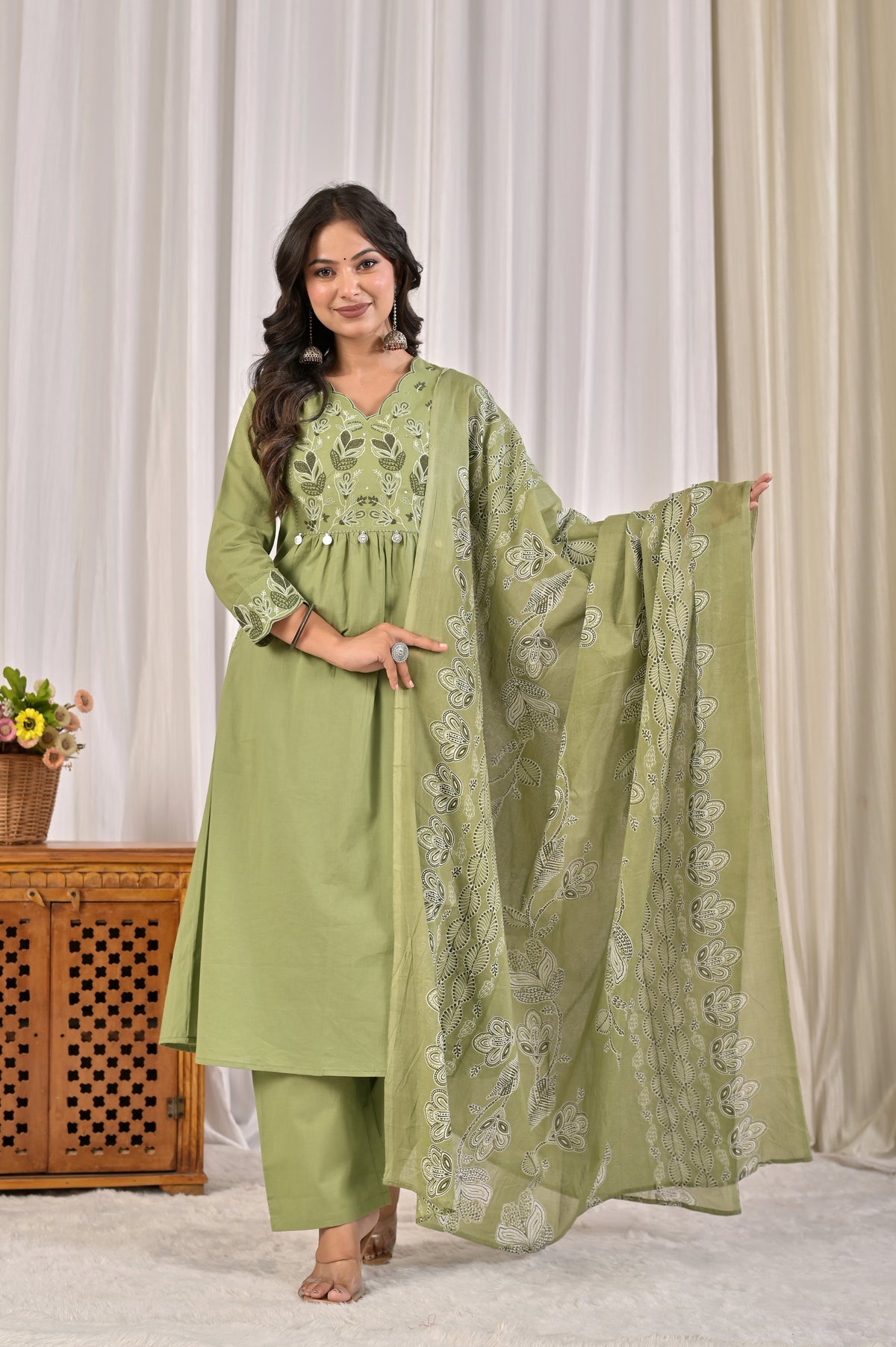 A-Line Embroidered Kurta Pant Set with Printed Dupatta