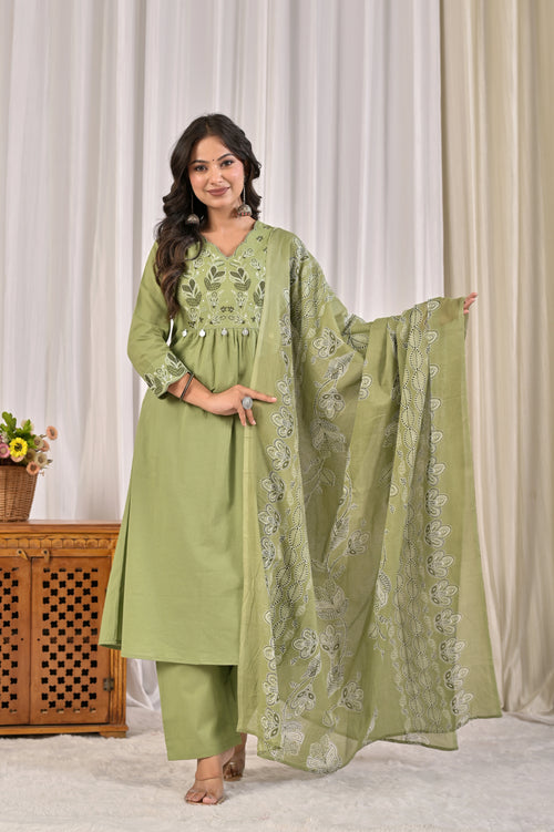 A-Line Embroidered Kurta Pant Set with Printed Dupatta