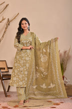 Women’s Straight Printed Kurta Pant Dupatta Set with Handworked Yoke & Tassels