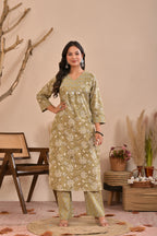 Women’s Straight Printed Kurta Pant Dupatta Set with Handworked Yoke & Tassels