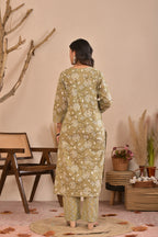 Women’s Straight Printed Kurta Pant Dupatta Set with Handworked Yoke & Tassels