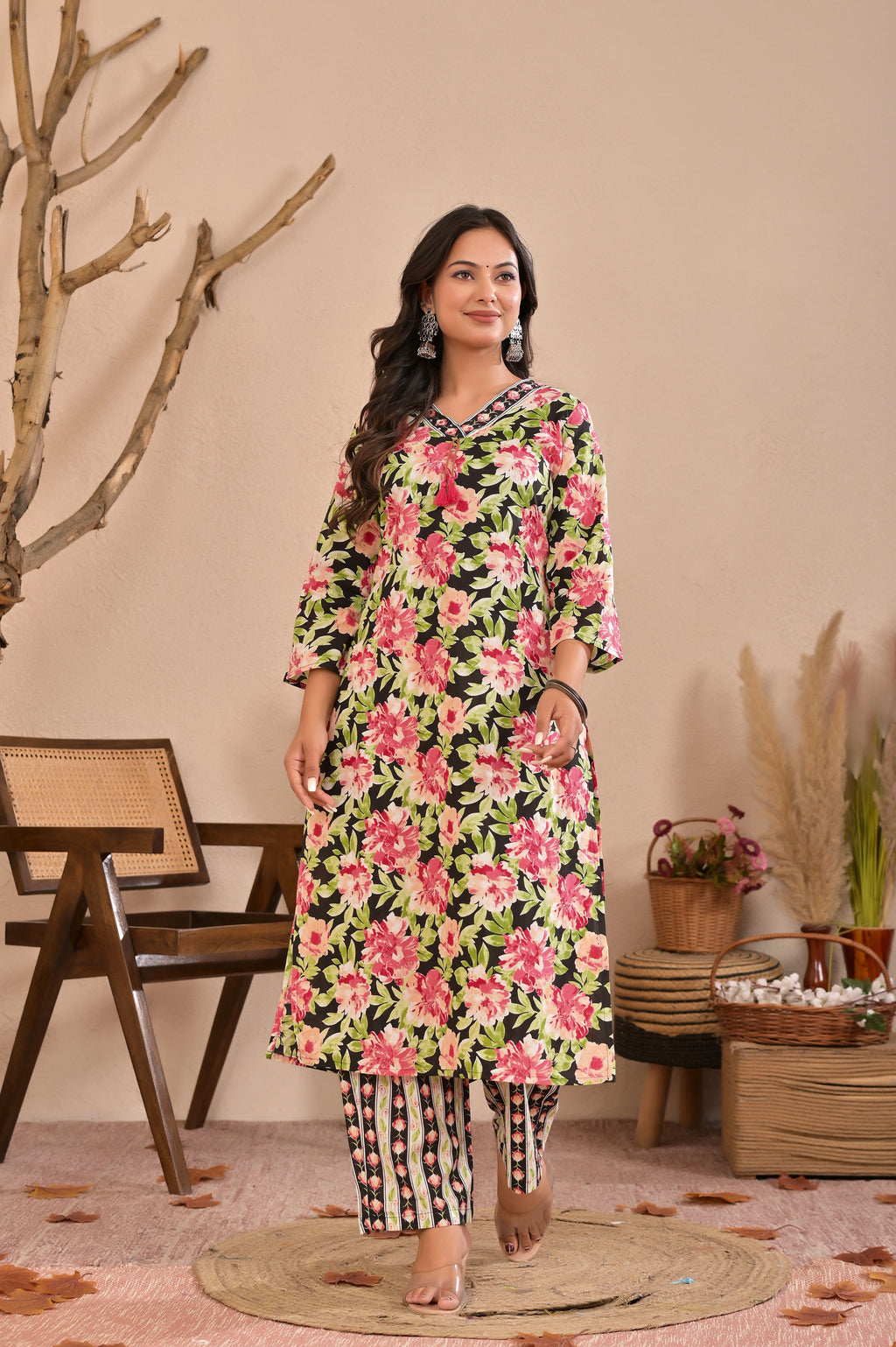 Floral Printed Straight Kurta Pant Dupatta Set with Neckline Handwork