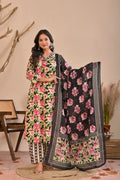Floral Printed Straight Kurta Pant Dupatta Set with Neckline Handwork