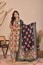 Floral Printed Straight Kurta Pant Dupatta Set with Neckline Handwork