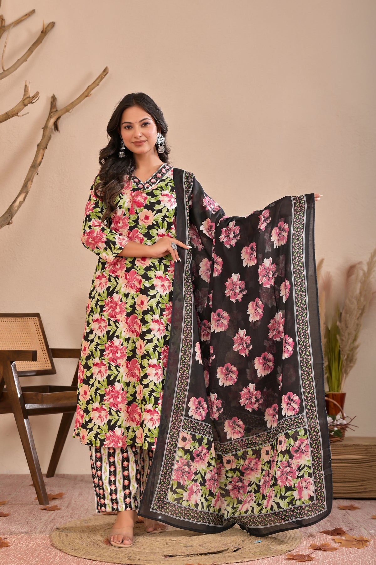 Floral Printed Straight Kurta Pant Dupatta Set with Neckline Handwork